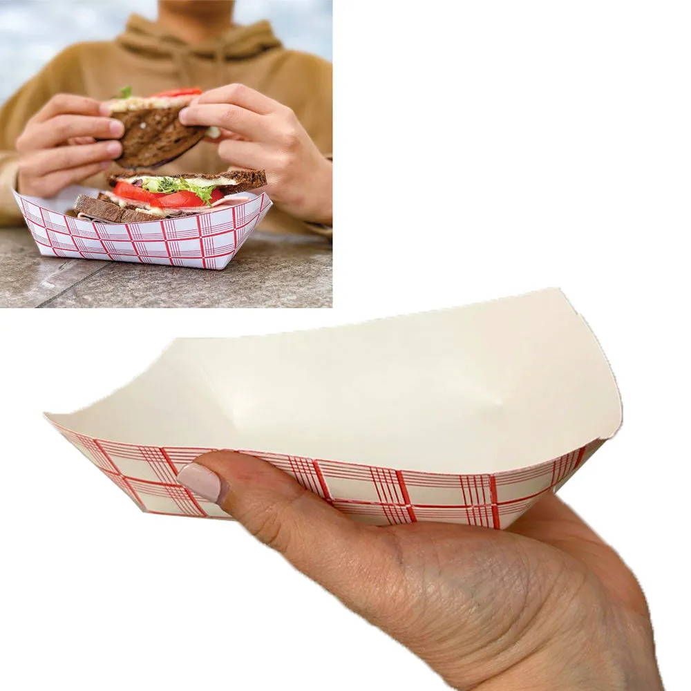 25 Ct Paper Food Tray Disposable Boat Plate Red Checkered Basket Containers