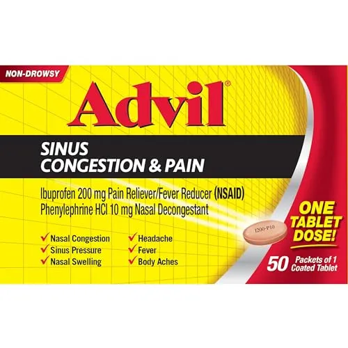 Advil Sinus Congestion and Pain, Sinus Relief Medicine, Pain Reliever and Fever Reducer with Ibuprofen and Phenylephrine HCl - 50 Coated Tablets