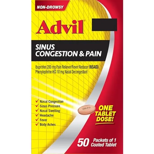 Advil Sinus Congestion and Pain, Sinus Relief Medicine, Pain Reliever and Fever Reducer with Ibuprofen and Phenylephrine HCl - 50 Coated Tablets