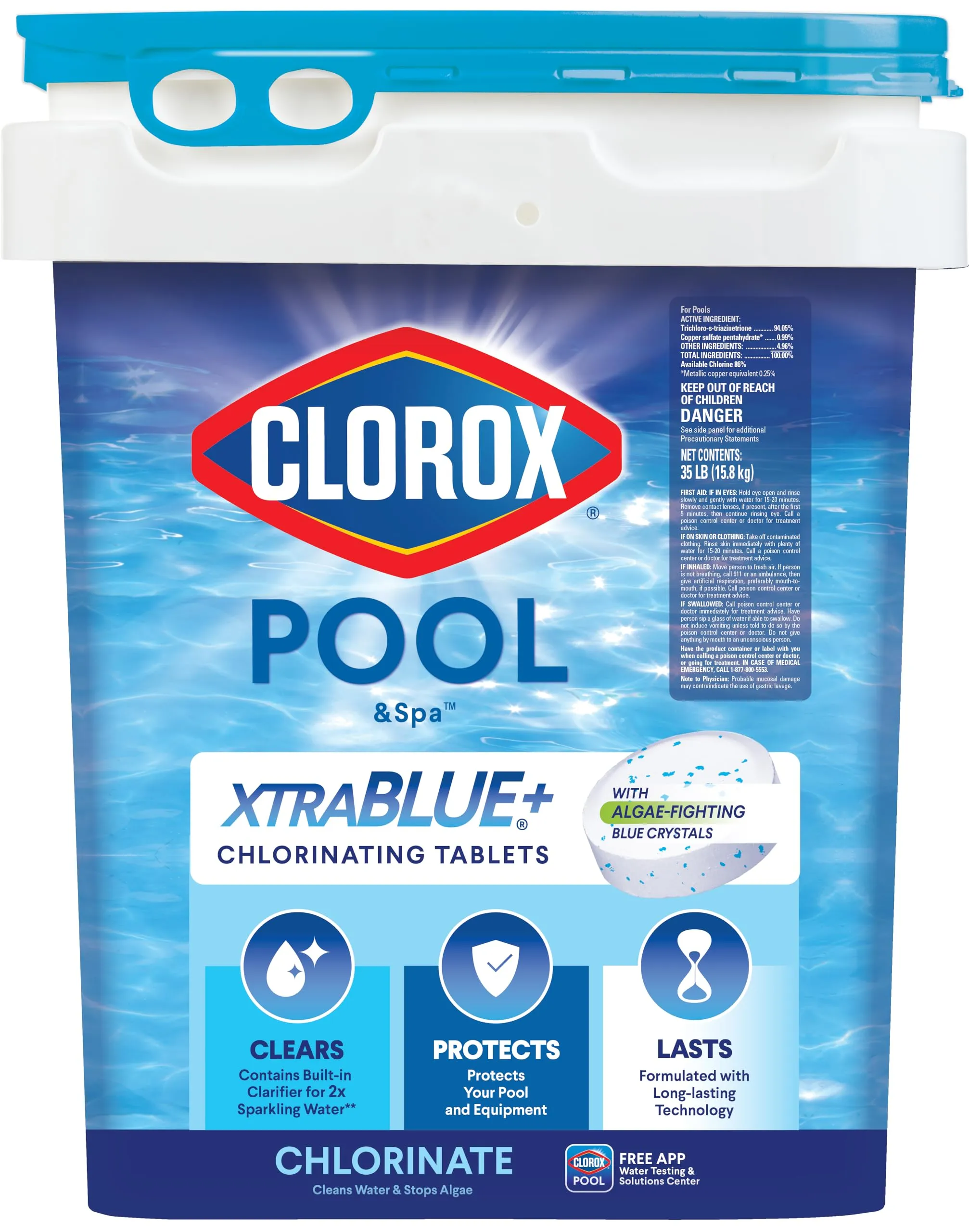Clorox Pool&Spa XTRABLUE Plus 3 Chlorinating Tablets, Individually Wrapped, Kills Bacteria & Stops Algae (35 LB)