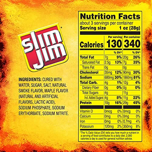 Slim Jim Smoked Bacon Jerky, Maple Flavor, 10g Protein Per Serving, 2.75 oz. (8 Count)